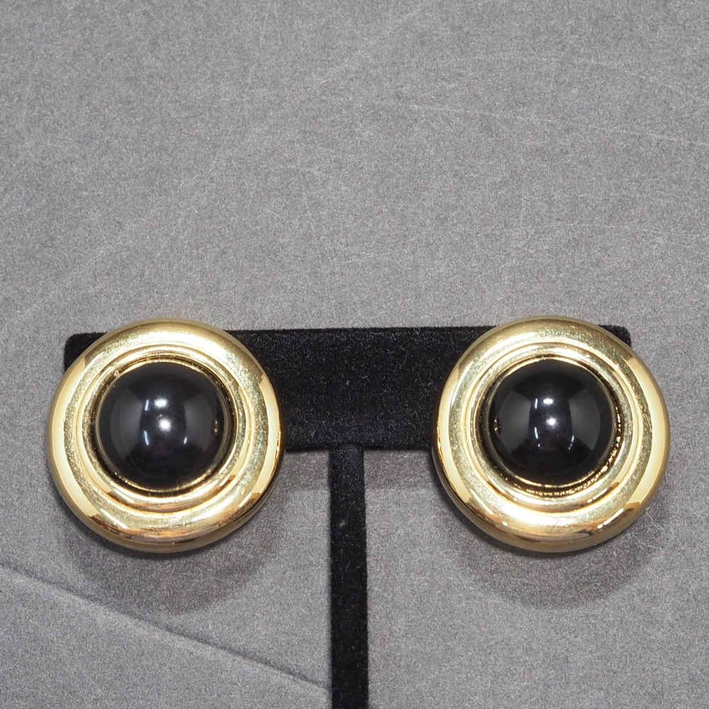 Vintage Gold Tone Clip On Earrings Black Dome Cabochon Round Classic Costume